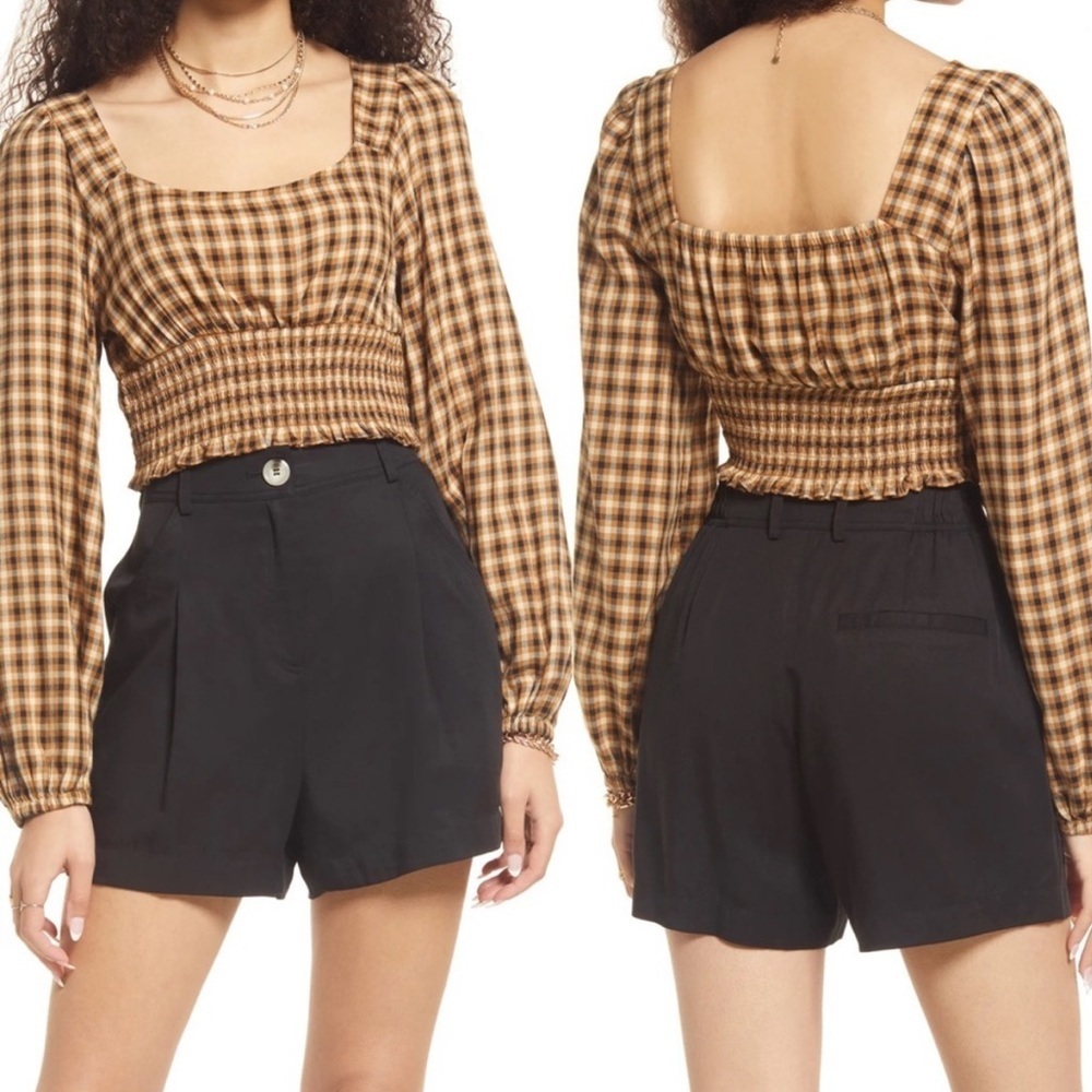 NEW Nordstrom Dreamy Smocked Long Sleeve Crop Top Plaid Brown Black Size 2X 2021